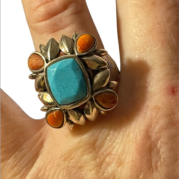 Vintage sterling silver large chunky navajo Turquoise & Spiny Oyster Ring - Picture 2 of 14